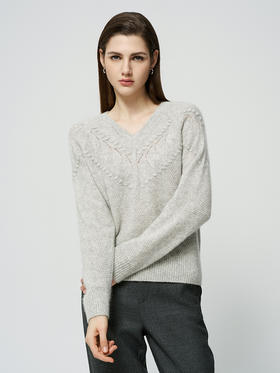 【羊绒+桑蚕丝镂空套衫】羊绒世家秋冬新品女士V领针织内搭保暖套衫