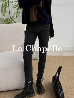 会员福利【薄绒/不规则+ykk拉链】拉夏贝尔/La Chapelle百搭显瘦直筒裤加绒高腰小个子设计感不规则牛仔裤