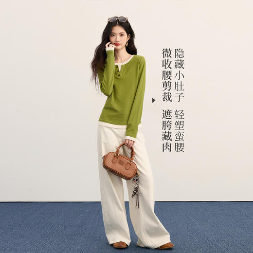 【11/19新品】熙世界叠穿撞色圆领假两件T恤女长袖内搭打底衫上衣2025秋季新款 商品图2