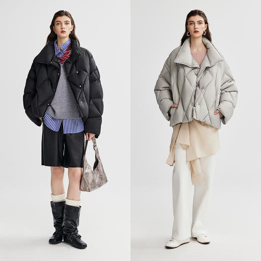 棉仓366615010-【90白鹅绒】菱格绗缝羽绒服女25秋冬大翻领设计微宽松短款 商品图3