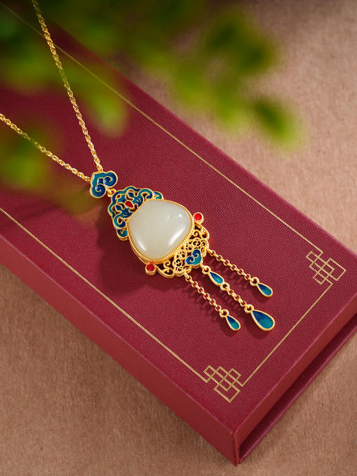 子佩集S925银【华年永续】套链【DZ05249】纯银和田玉镀金珐琅彩项链2504 商品图0