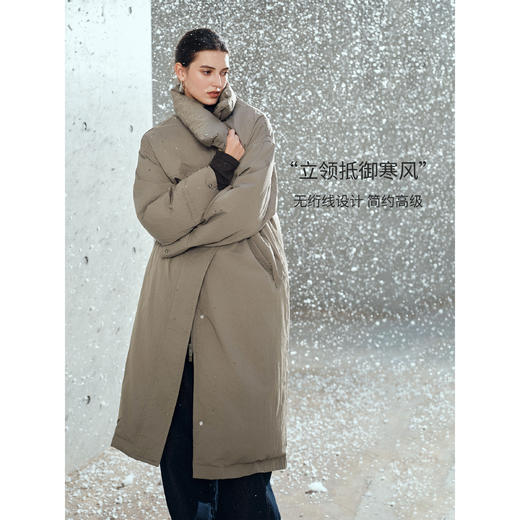 棉仓367615003-【90白鹅绒】立领风衣黑色羽绒服女中长款肌理感无绗线鹅绒服 商品图0