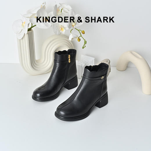 经典鲨2025年冬季专柜新款羊皮革加绒加厚保暖中粗跟短靴女KD29-558071 商品图0