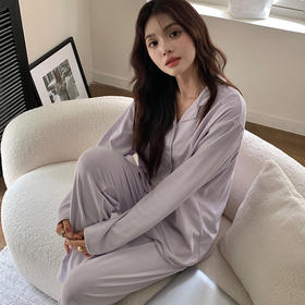 森岛 秋冬纯色女士家居服纽扣翻领长袖上衣长裤套装宽松外穿睡衣