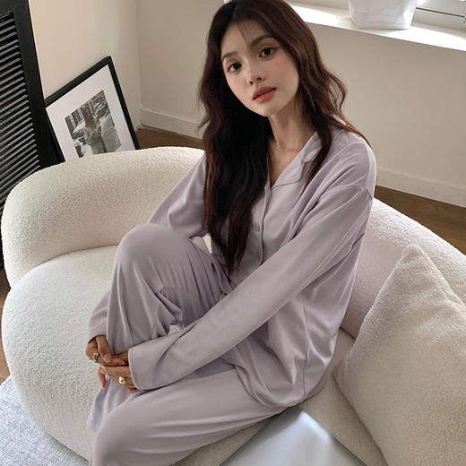 森岛 秋冬纯色女士家居服纽扣翻领长袖上衣长裤套装宽松外穿睡衣 商品图0