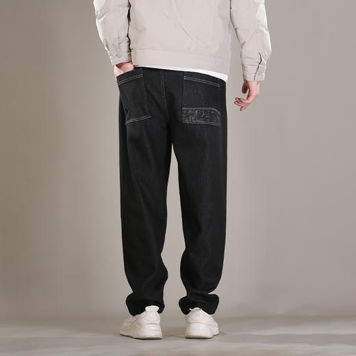 DRONKOO 2025 抽绳半松紧腰表袋右后袋拼花布底磨毛普洗厚牛仔长裤 商品图3