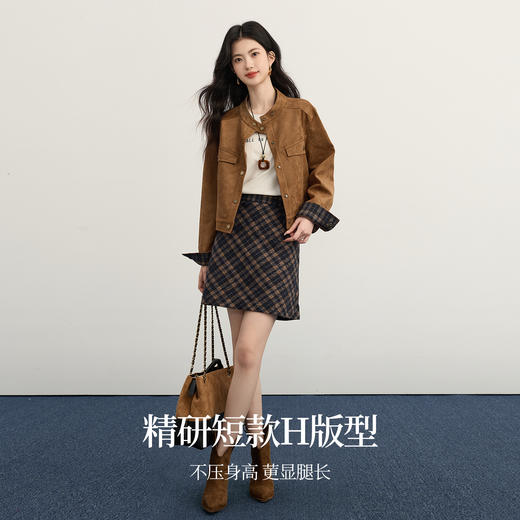 【11/19新品】熙世界高级感仿麂皮绒短外套女小个子立领机车服夹克2025秋冬新款 商品图3