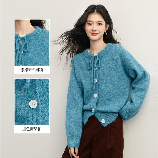 【11/19新品】熙世界慵懒风蓝色厚毛衣短外套女2025秋冬新款蝴蝶结圆领针织开衫 商品图1