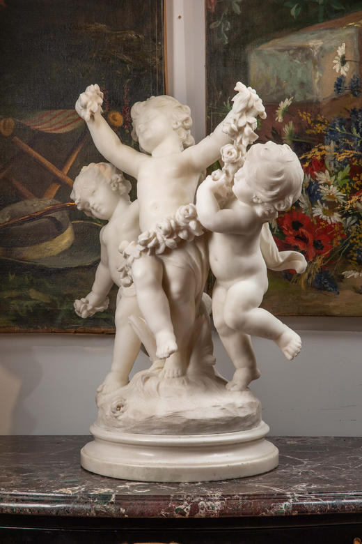 独角鹿西洋古董19世纪末20世纪初法国雕塑家Hippolyte Moreau签名创作小天使主题大理石雕塑 商品图3