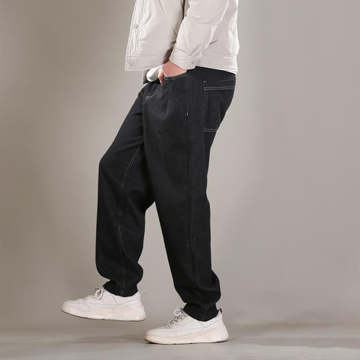 DRONKOO 2025 抽绳半松紧腰表袋右后袋拼花布底磨毛普洗厚牛仔长裤 商品图1