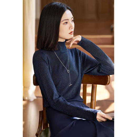 剩M 米思阳2026春季新品【半高领打底针织衫】春季时尚通勤百搭套头亮丝细闪质感针织衫毛衣1665 商品图0