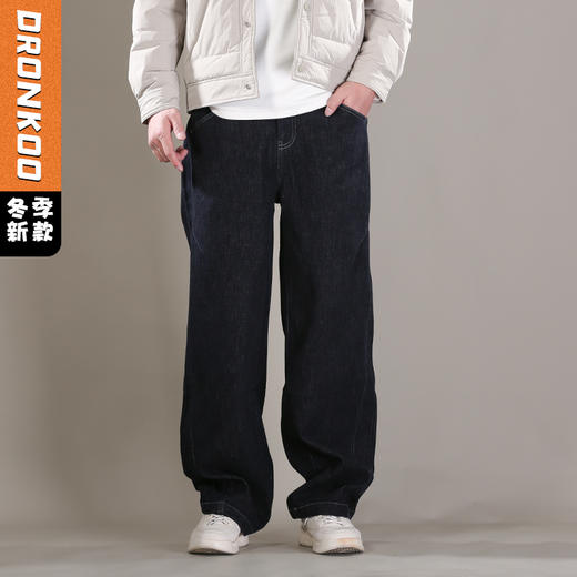 DRONKOO 2025 半松紧腰底竖条纹面磨毛普洗厚牛仔长裤 商品图0