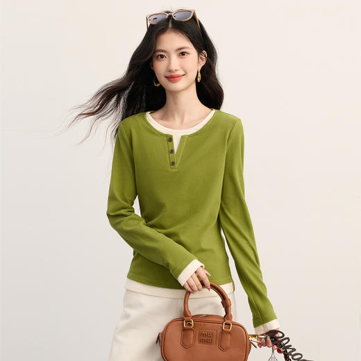 【11/19新品】熙世界叠穿撞色圆领假两件T恤女长袖内搭打底衫上衣2025秋季新款 商品图4