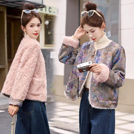 新中式国风皮毛一体外套，复古印花气质名媛小香风上衣HR-YJLY8695 商品图0