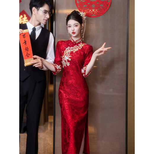 重工红色旗袍敬酒服，便装回门订婚中式礼服裙秋冬LSB 商品图1