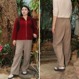 现货！24小时发货！【羊毛混纺直筒裤】松紧腰，宽松阔腿休闲裤，版型立挺显瘦，耐磨好穿不变形，浅卡其色百搭不挑人，成分：3.4%羊毛 70%聚酯纤维 15.7%再生纤维素纤维 5.8%腈纶 5.1%锦纶
