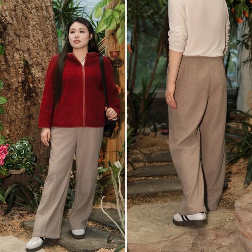 现货！24小时发货！【羊毛混纺直筒裤】松紧腰，宽松阔腿休闲裤，版型立挺显瘦，耐磨好穿不变形，浅卡其色百搭不挑人，成分：3.4%羊毛 70%聚酯纤维 15.7%再生纤维素纤维 5.8%腈纶 5.1%锦纶 商品图0