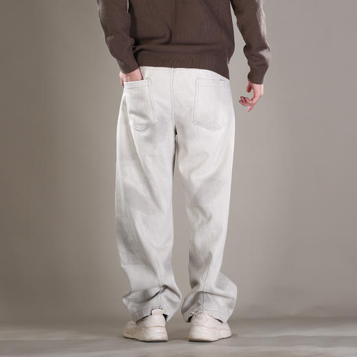 DRONKOO 2025 抽绳松紧腰破缝刷漆做旧复合薄绒厚牛仔长裤 商品图3