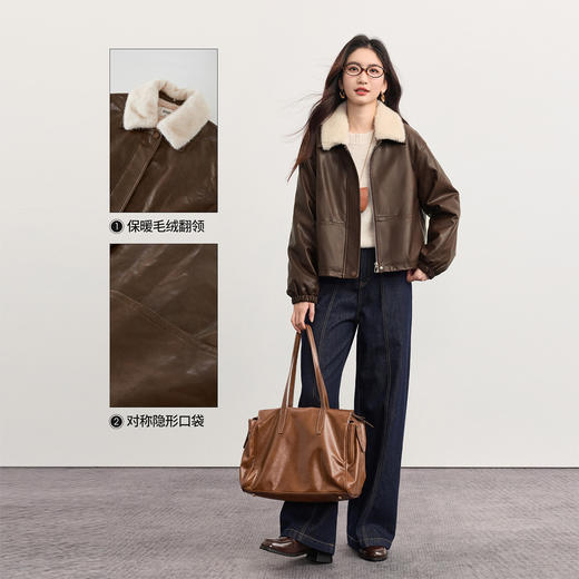 【11/19新品】熙世界酷飒风复古棕色皮衣女冬季2025新款加厚夹棉毛绒翻领短外套 商品图2