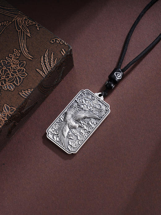 子佩集S999银【云舞凤鸣】套链【BX0280955-1】纯银仿古凤方牌带绳项链原创作品2506 商品图0