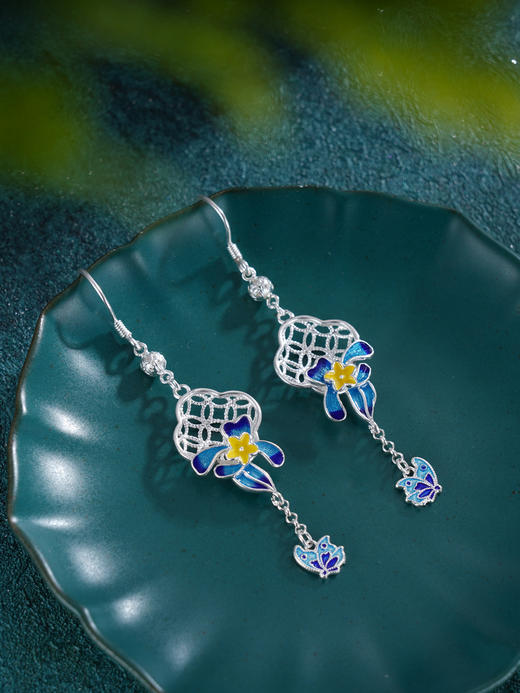 子佩集S990银[【花间蝶舞】耳环纯银【CEH000022】珐琅彩四叶草兰花窗格2501 商品图2