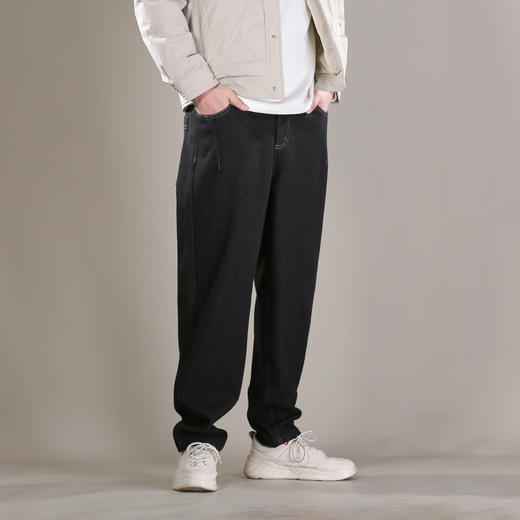 DRONKOO 2025 抽绳半松紧腰表袋右后袋拼花布底磨毛普洗厚牛仔长裤 商品图2