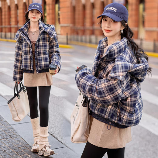 韩版格子连帽短款羽绒服，加厚保暖通勤白鸭绒外套HR-YJLY86822 商品图1
