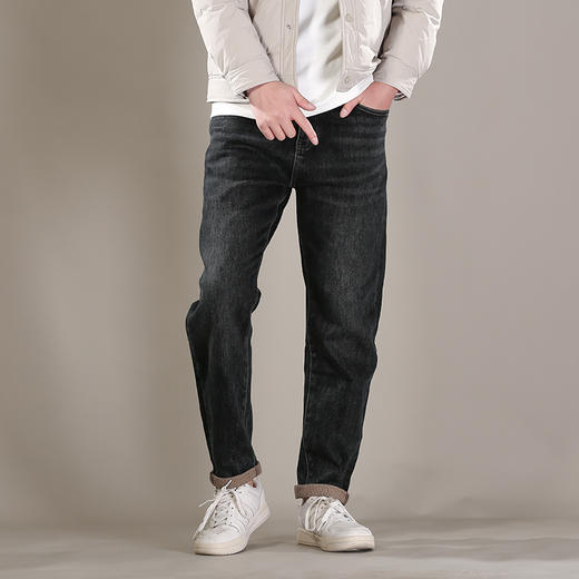 DRONKOO 2025 正常腰左袋右后袋白棕绣线一体绒浅咖底厚牛仔长裤 商品图1