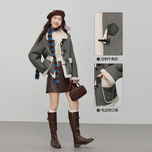 【年货节】熙世界仿生麂皮绒牛角扣短外套女冬季皮毛一体毛绒绒翻领保暖大衣 商品图2