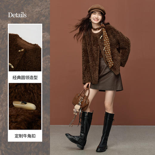【11/19新品】熙世界环保仿皮草圈圈绒短外套女2025冬季新款棕色牛角扣毛绒上衣 商品图3