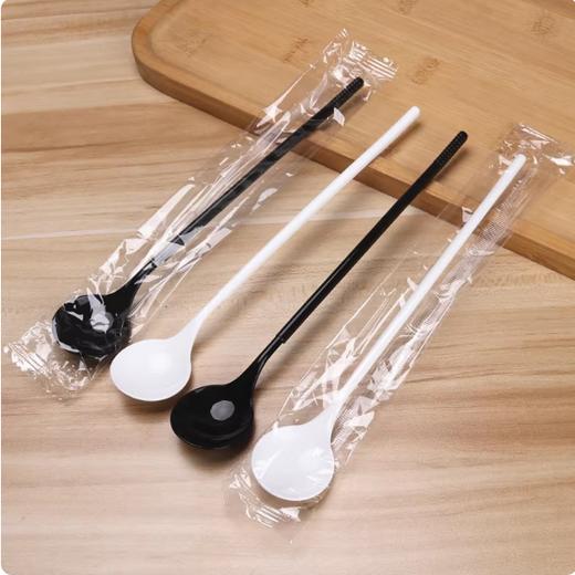 约100个 独立包装 21cm长勺 黑色/白色 一次性塑料甜品勺 加长奶茶勺搅拌勺子 商品图2
