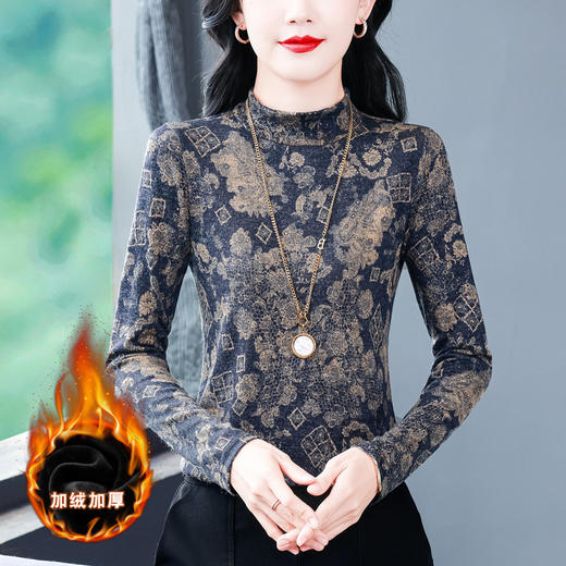 KQL 644G9277半高领加绒加厚长袖印花T恤洋气打底衫上衣 商品图2