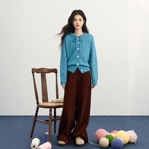 【11/19新品】熙世界慵懒风蓝色厚毛衣短外套女2025秋冬新款蝴蝶结圆领针织开衫 商品图2