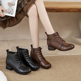 民族风牛筋软底真皮马丁靴，粗中跟复古短靴头层牛皮中年妈妈靴子MLD-8081