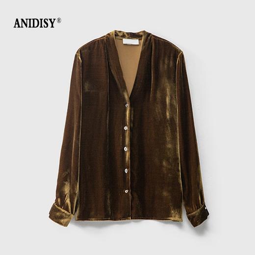 2026春优雅气质V领长袖单排扣真丝丝绒衬衫 商品图1