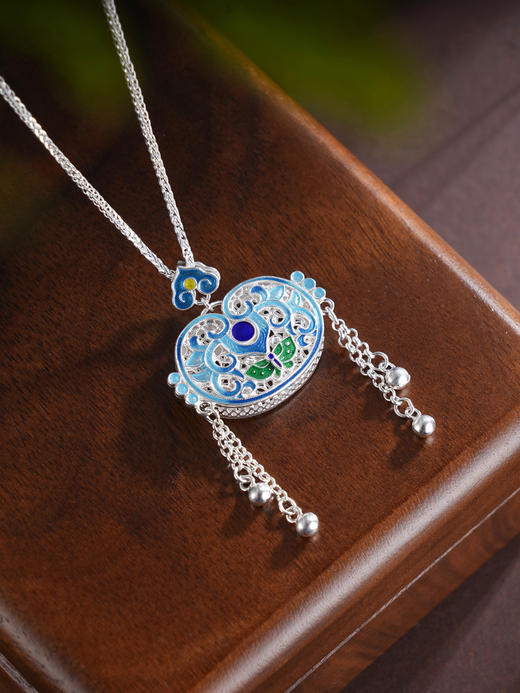 子佩集S990银【福气叠加】套链【QFTL013】纯银花丝珐琅彩蝴蝶流苏项链2505 商品图3