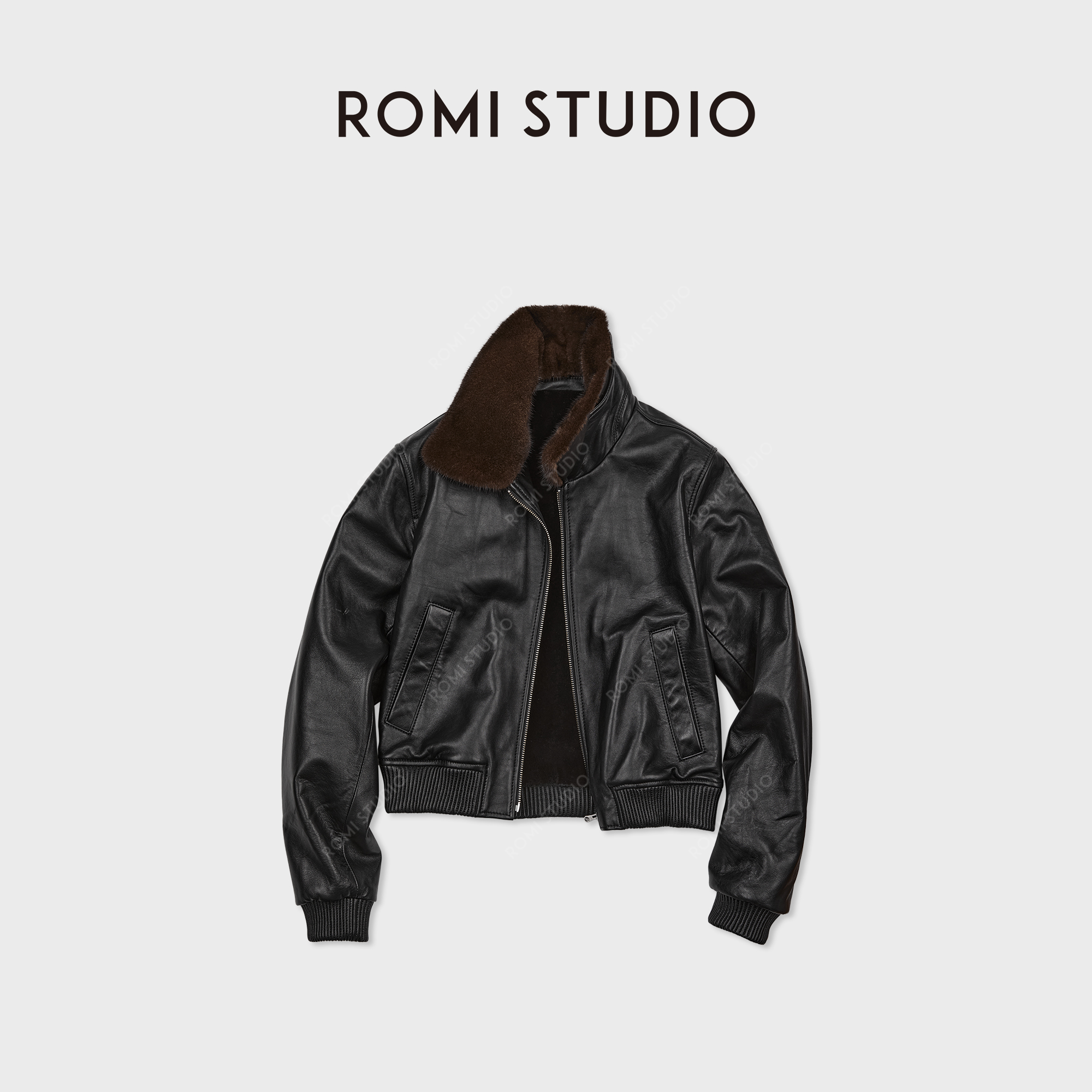 ROMISTUDIO“新西兰雾感小羊皮”拼獭免绒拉贡领皮草 RWCWWG6582