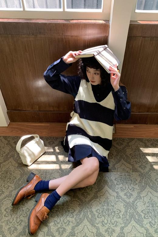 Kai & Kiera 时尚叠穿条纹马甲毛衣两件套连衣裙 21492 商品图0