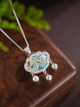 子佩集S990银【蝶舞香幽】套链【MX013】纯银花丝锁珐琅彩莲花荷花蝴蝶项链2504