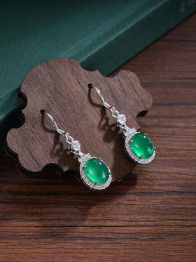 子佩集S925银【翠影摇春】耳环【ES011311】纯银绿玉髓椭圆2507