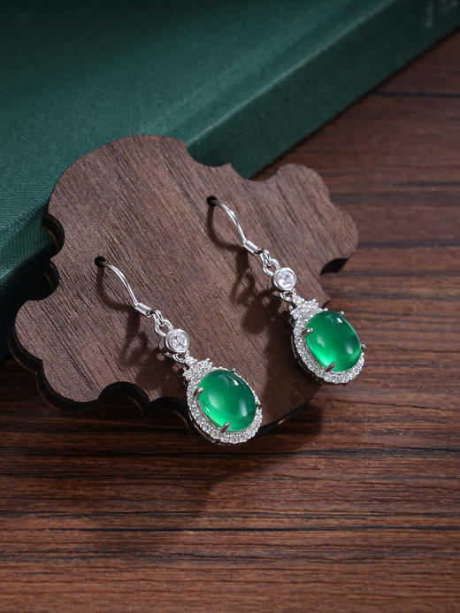 子佩集S925银【翠影摇春】耳环【ES011311】纯银绿玉髓椭圆2507 商品图0