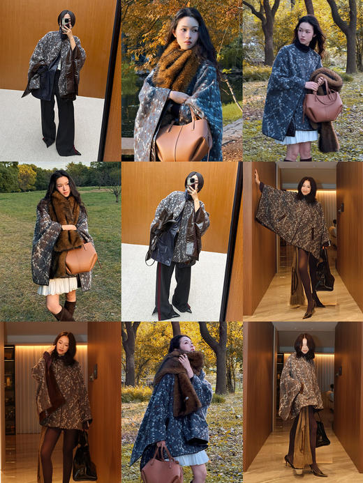 HIDEMI 大秀款进口羊驼毛绵羊毛混纺提花手工皮边镶嵌拼接斗篷大衣外套 商品图1