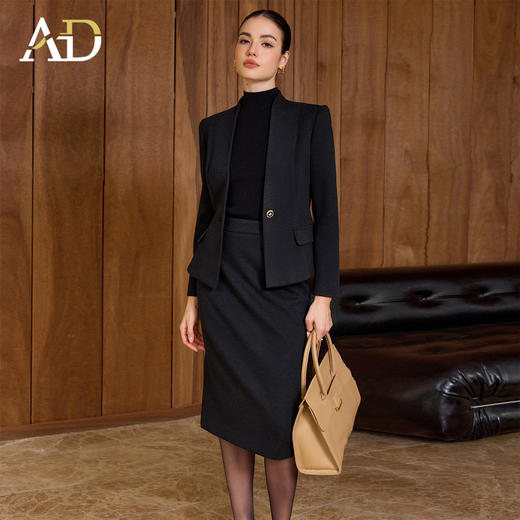 AD黑色人字纹羊毛西装套装女气质无领一粒扣高智感商务西服正装冬 商品图2