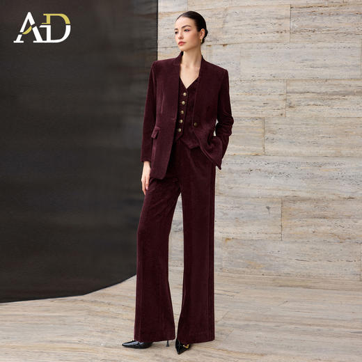 AD老钱风西装三件套女2025秋冬加厚灯芯绒马甲套装红色显瘦阔腿裤 商品图1