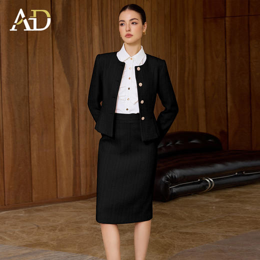 AD黑色圆领羊毛套装女修身显瘦名媛范小香风两件套2025新款外套 商品图1