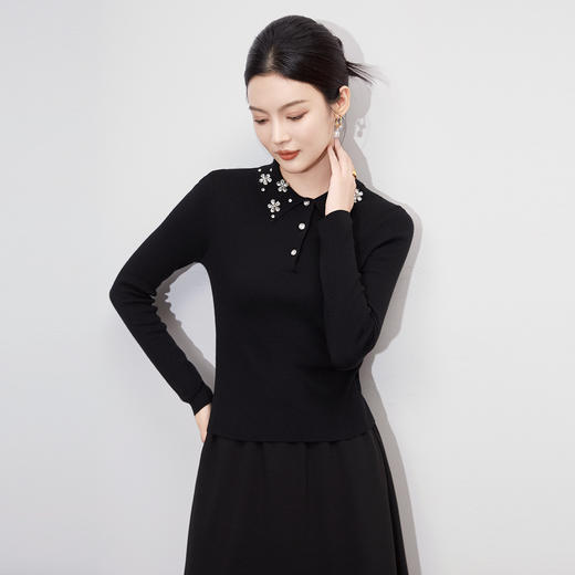 「高货wl」全新升级【铂金会员220/天猫289/差价69】(05210)洛诗琳轻奢重工翻领钉钻上衣2025秋冬新款修身显瘦针织衫 商品图2