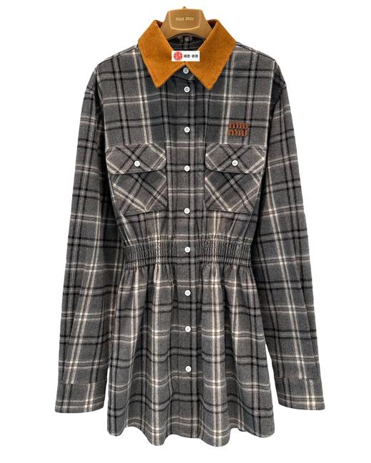 女款灯芯绒领格纹衬衣连衣裙hu017 商品图0