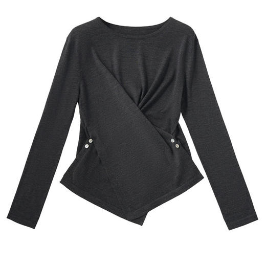 「自」全新升级【铂金会员293/天猫399/差价106】(03313)洛诗琳扬子纱羊毛针织衫2025秋冬设计感系扣不规则收腰上衣 商品图3