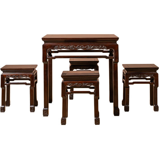 二十世纪	红木束腰罗锅枨螭龙纹方桌方凳成套（一桌四凳） 商品图5