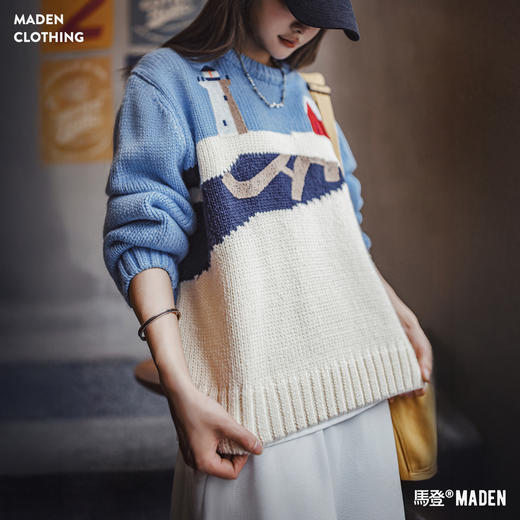 马登复古圆领宽松加厚针织提花毛衣休闲保暖外穿粗毛线上衣秋冬女 商品图0